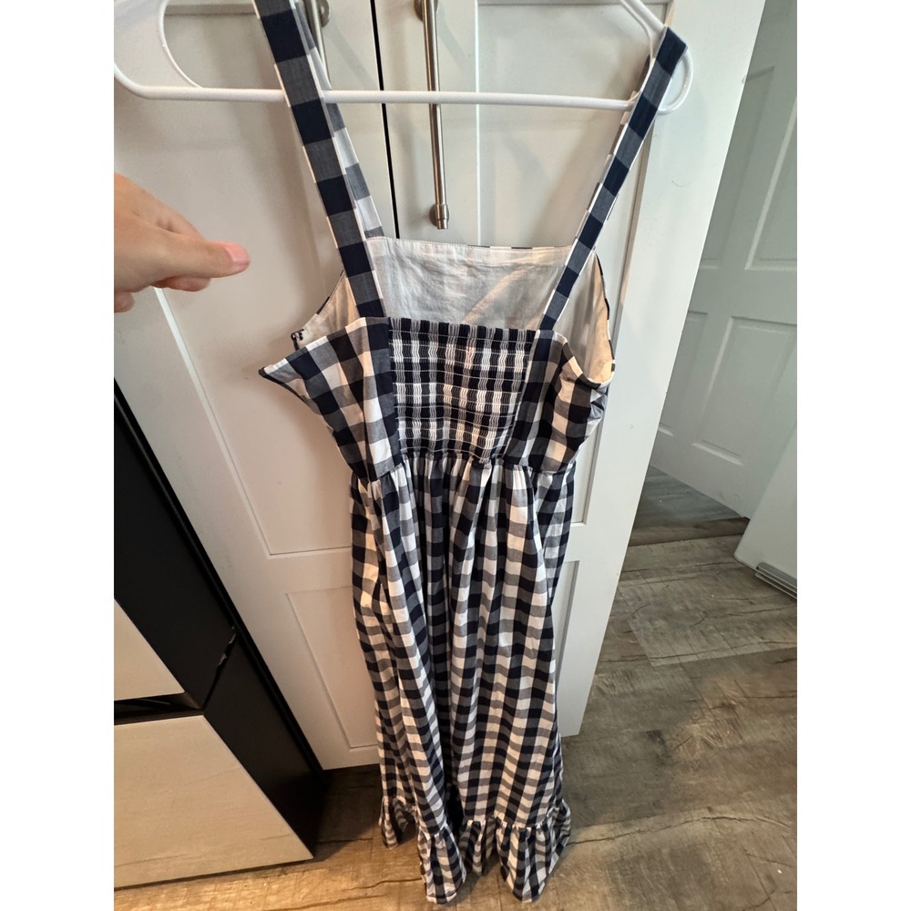 J. Crew Navy White Gingham Plaid Smocked Midi Dress Ruffle Hem Pockets XS - Picture 5 of 6